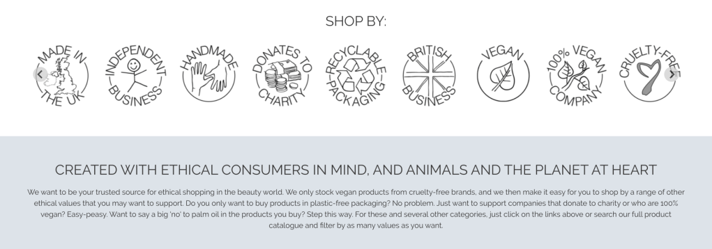 A screenshot of the Lovethical website showing all the various icons to identify brand values and ethics - review by Beautyfolio.co.uk