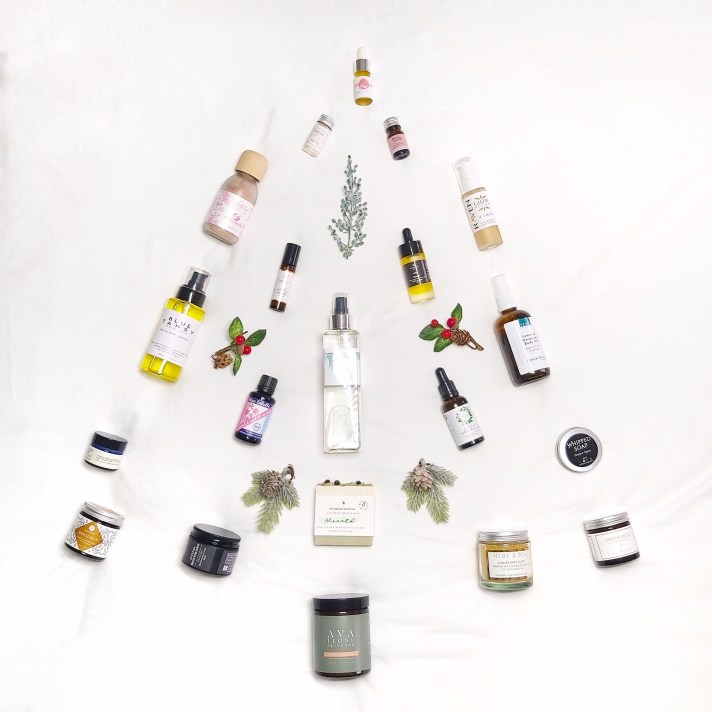Products featured in the shape of a Christmas Tree on a white background