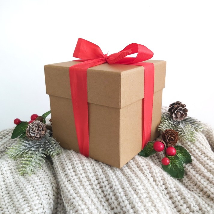 Amber Lilly Skincare Naked Skin Set box tied with a red ribbon in a bow. It is sat on a beige knitted through with some Christmas foliage. Natural Beauty Christmas Gift Guide by Beauty Folio