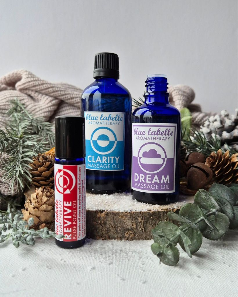 Blue Labelle Massage Oils in various sizes - Photo by Beauty Folio, Green Beauty Content Creator