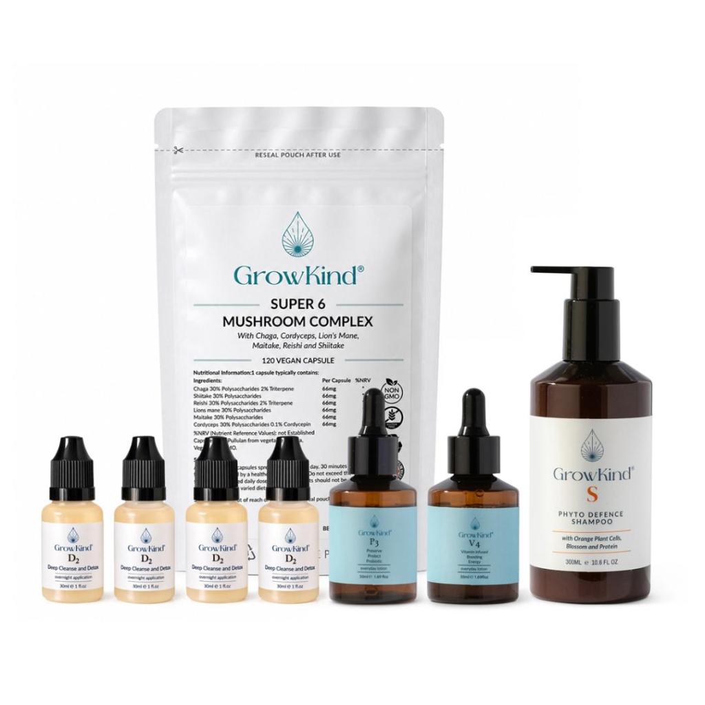 Image of GrowKind Super 6 Mushroom Complex supplement packaging along with various bottles of skincare or haircare products labeled D2, P3, V4, and S, with a focus on natural ingredients.